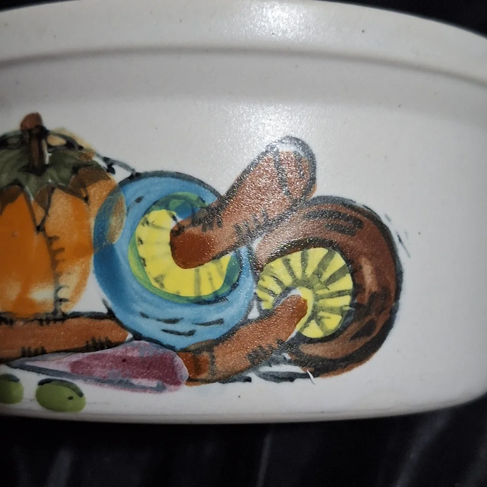 Vintage Stoneware Crock With Lid~Vegetable Design~Oven Proof~Korea~Hand Painted